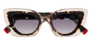 monture solaire femme face a face halos 1 acetate epaisse cristal écaille foncée bout rouge