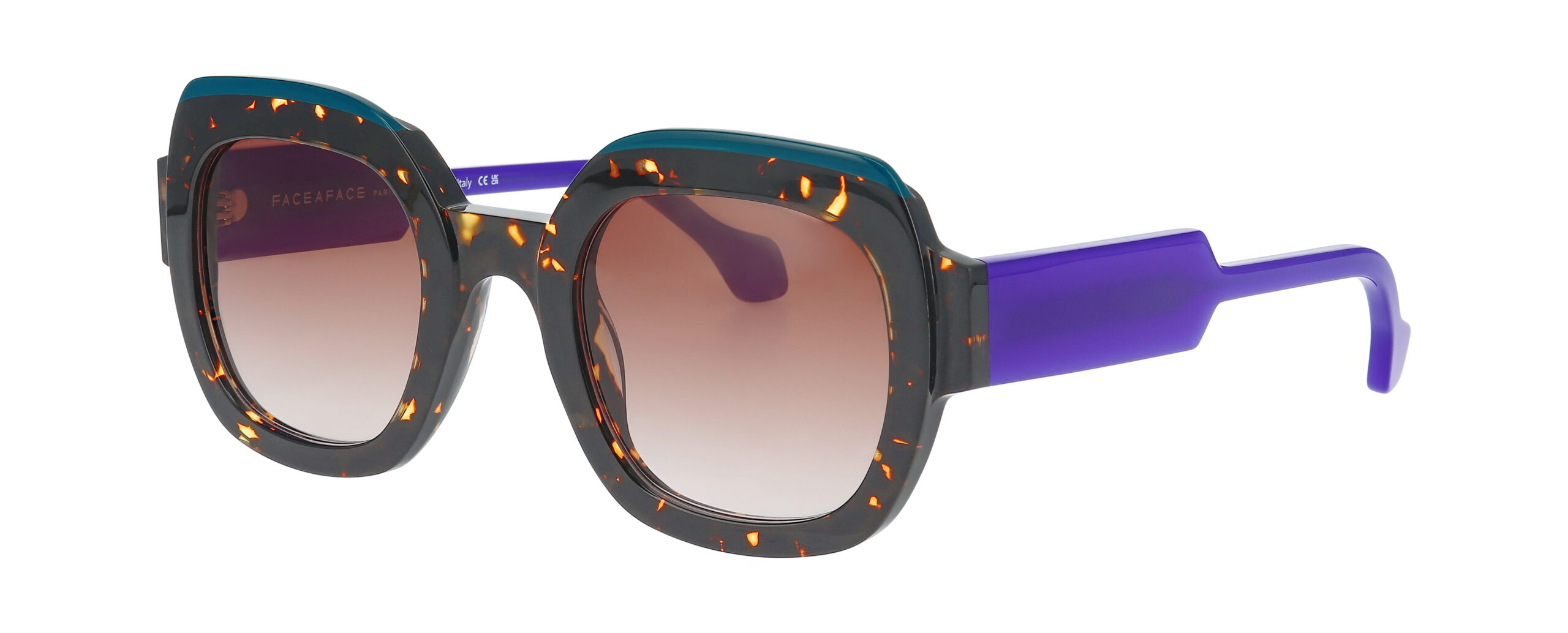 Lunettes solaires Face à Face FROST 2 vue 3-4 acétate écaille avec intérieur violet, design créateur Paris