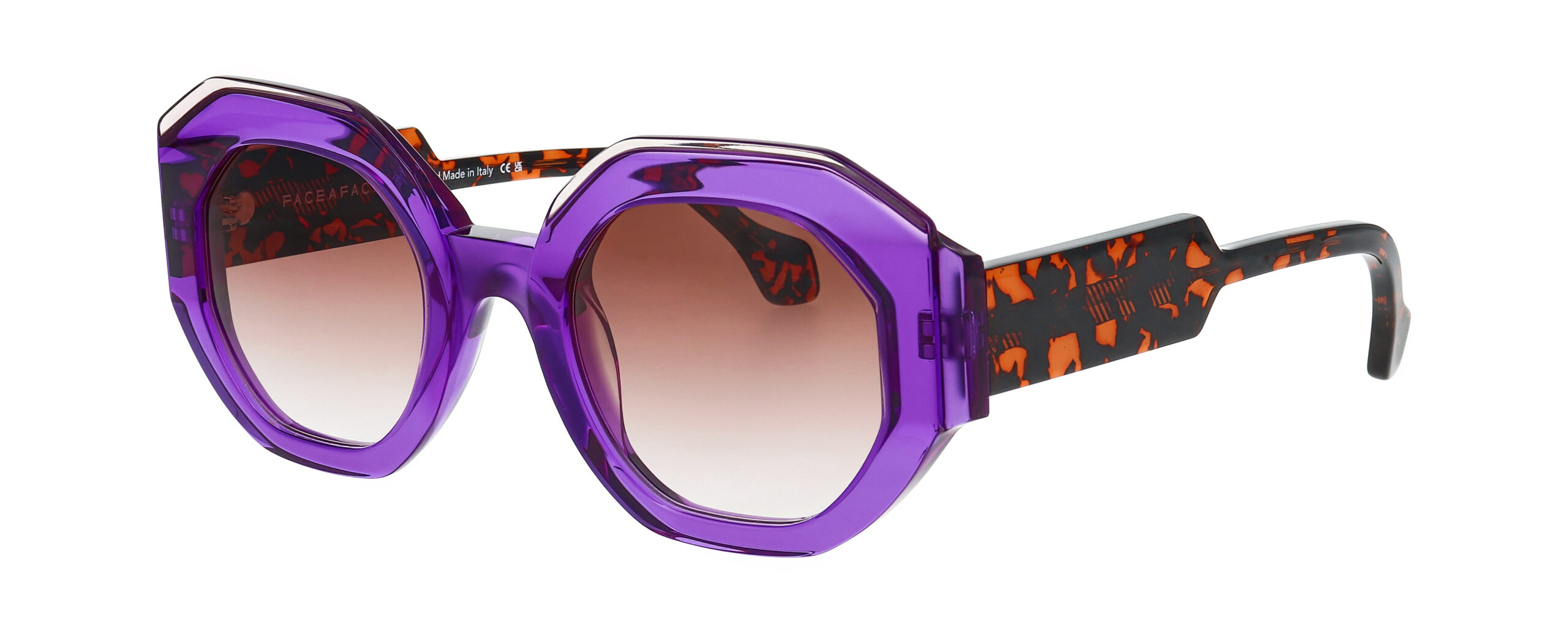 lunettes solaires Face à Face FROST 1 col 1654 vue 3-4 monture octogonale violet translucide verres dégradés style créateur Paris