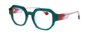 Monture optique Face à Face FRAMED 2 vert émeraude et corail vue trois quarts, lunettes créateur femme chez The House of Eyewear Paris
