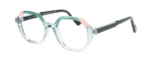 Lunettes Face à Face Forest 1 transparent cristal avec nuances vert d’eau et rose poudré, vue trois-quarts, opticien Paris 1er