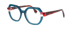 Monture Face A Face FUTUR 2 vert et rouge design graphique vue 3/4 – opticien indépendant Paris