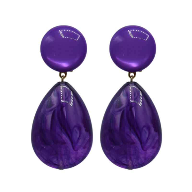 Boucles d’oreilles Francine Bramli violettes résine forme goutte marbrée