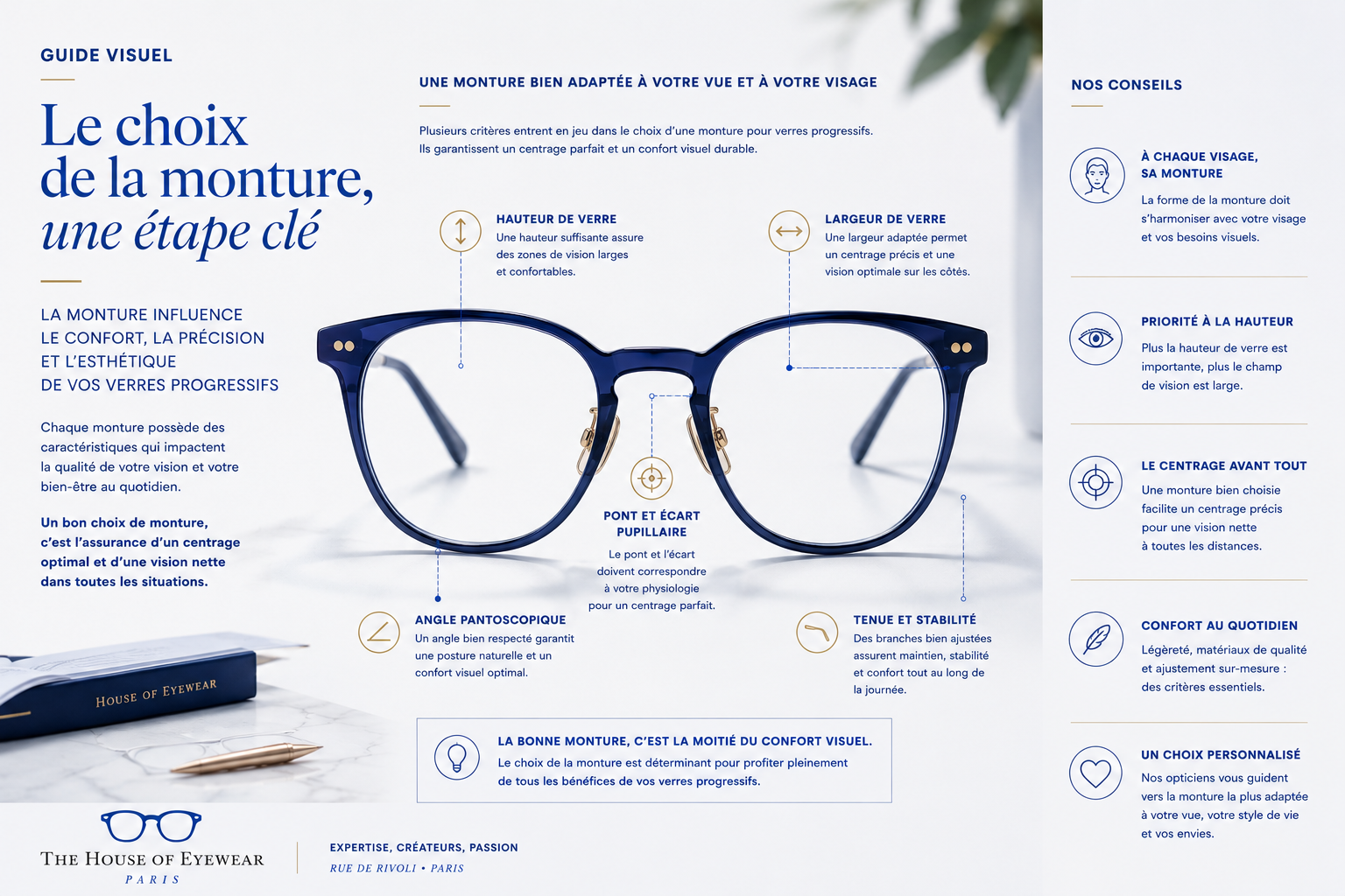 Guide visuel expliquant l’importance du choix de la monture pour les verres progressifs avec hauteur de verre, largeur de verre, pont, stabilité et confort visuel chez The House of Eyewear Paris.
