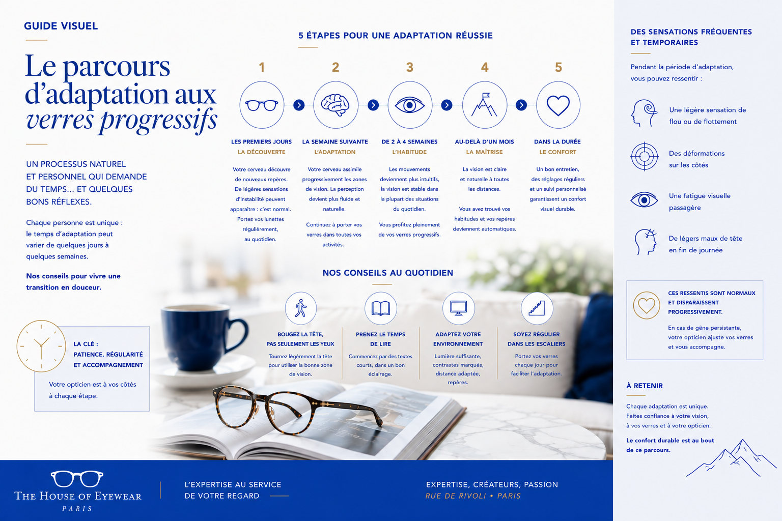 Infographie présentant les différentes étapes d’adaptation aux verres progressifs, de la découverte au confort durable, réalisée par The House of Eyewear, spécialiste des verres progressifs à Paris.
