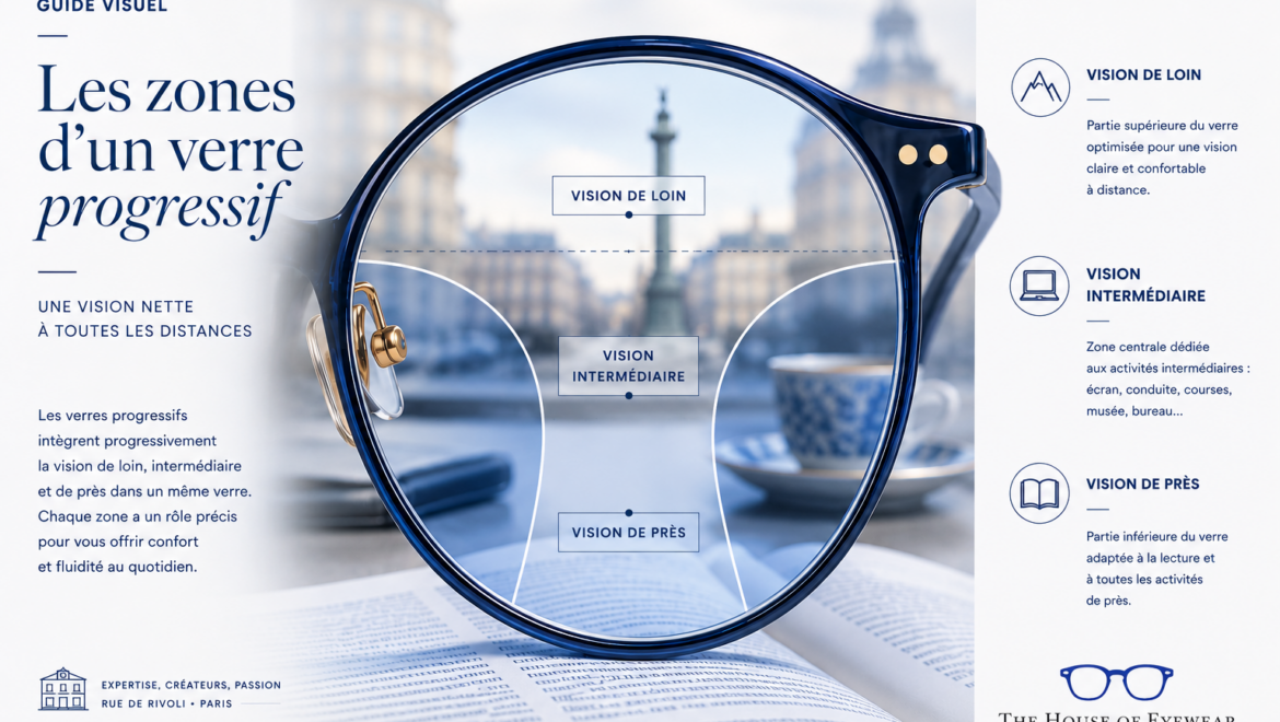 Illustration des différentes zones d’un verre progressif avec vision de loin, vision intermédiaire et vision de près, présentée par The House of Eyewear, opticien expert en verres progressifs à Paris.