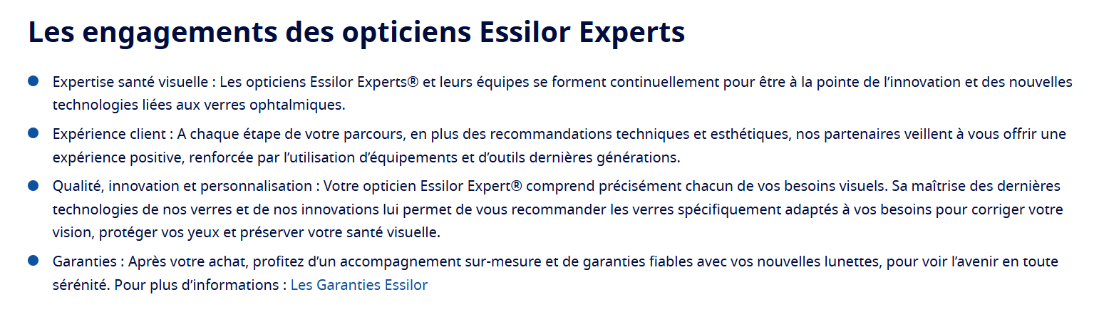 Les engagements Essilor Expert chez The House of Eyewear Paris Les engagements du label Essilor Expert chez The House of Eyewear, opticien spécialisé en verres Essilor et Varilux XR à Paris 1er.