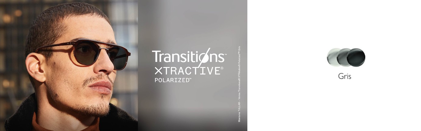 Couleur des verres Transitions® XTRActive® Polarized™ Les verres Transitions® XTRActive® Polarized™ associent photochromie et polarisation pour limiter les reflets. Disponibles chez The House of Eyewear, opticien à Paris 1er