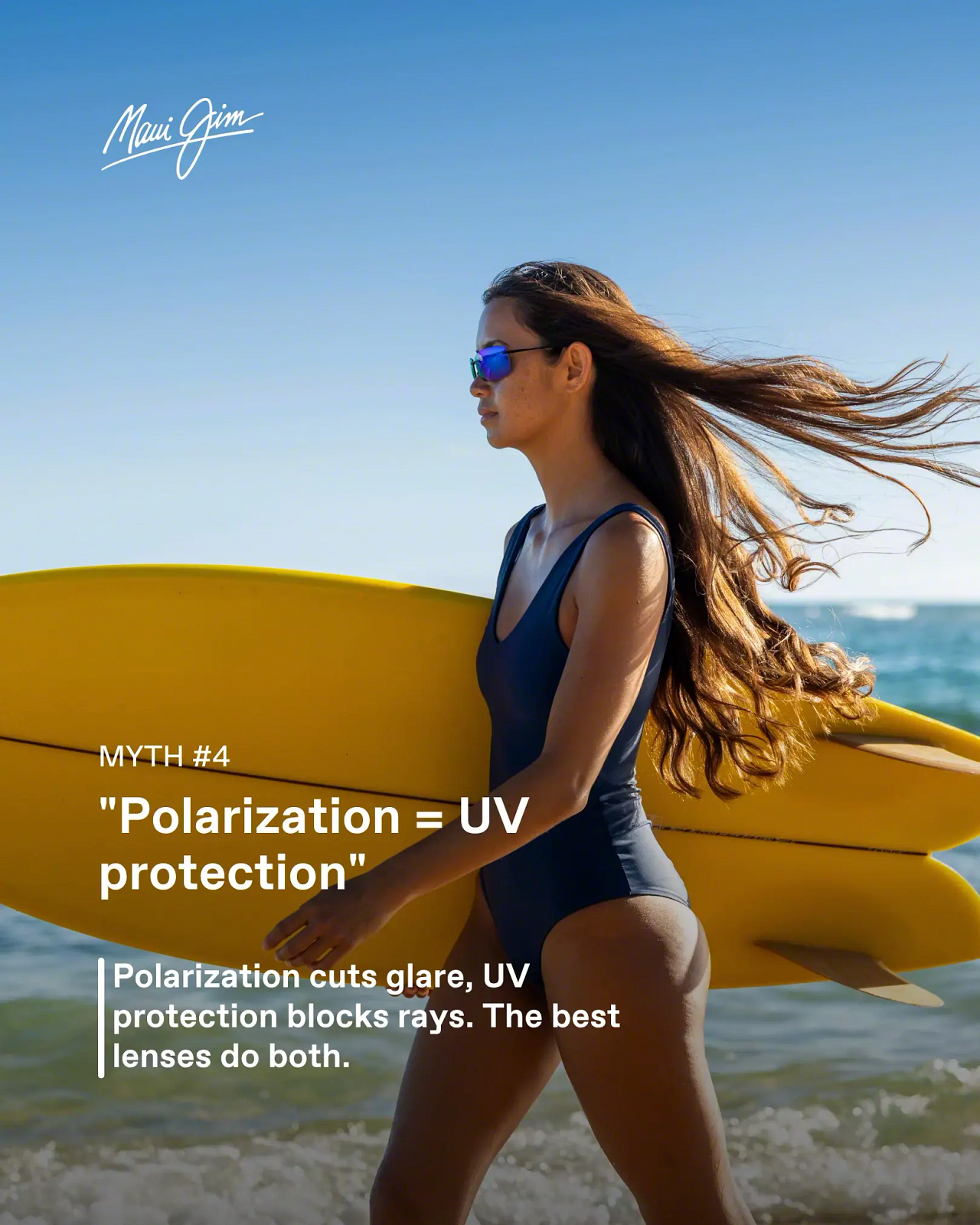 Lunettes de soleil Maui Jim à verres polarisés et protection UV portées en bord de mer