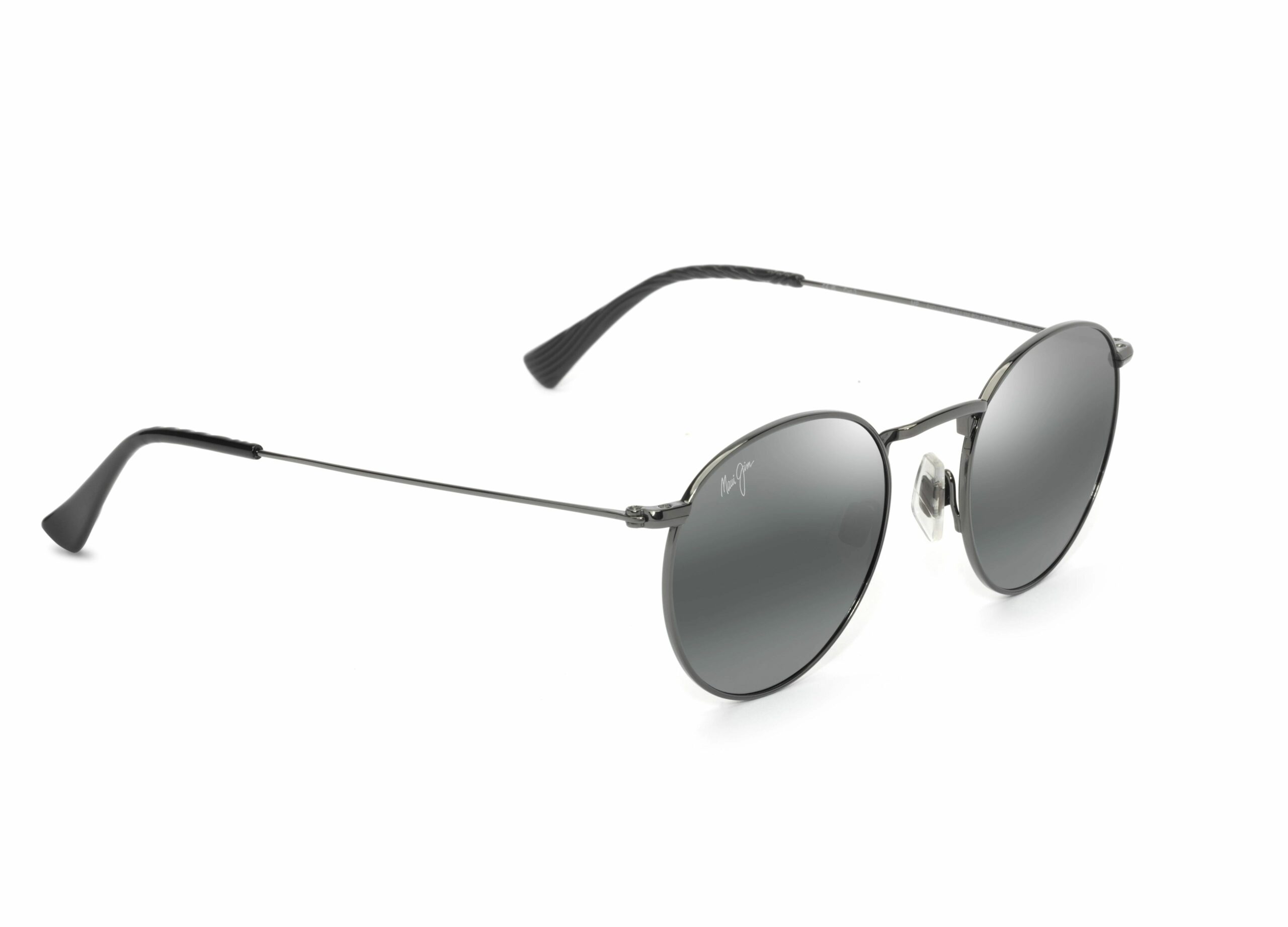 Monture Maui Jim Pūkaua ronde en métal foncé avec branches fines et embouts signature – The House of Eyewear Paris