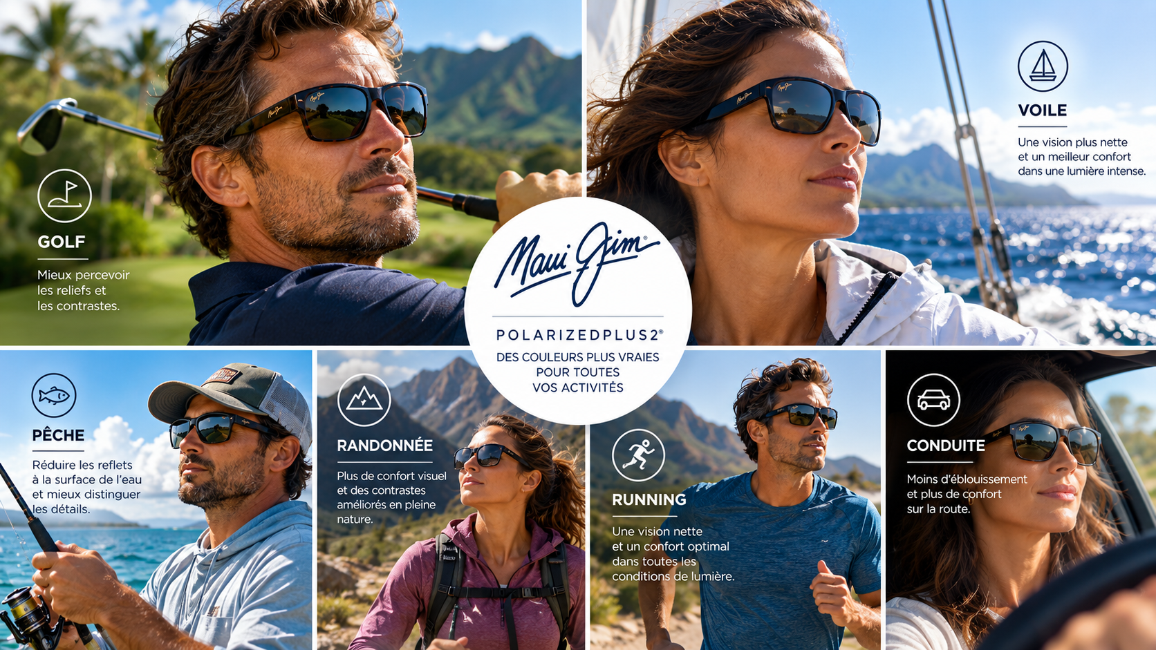 Lunettes polarisées Maui Jim pour le sport et les activités outdoor Lunettes polarisées Maui Jim pour le golf, la voile, la pêche, la randonnée, le running et la conduite