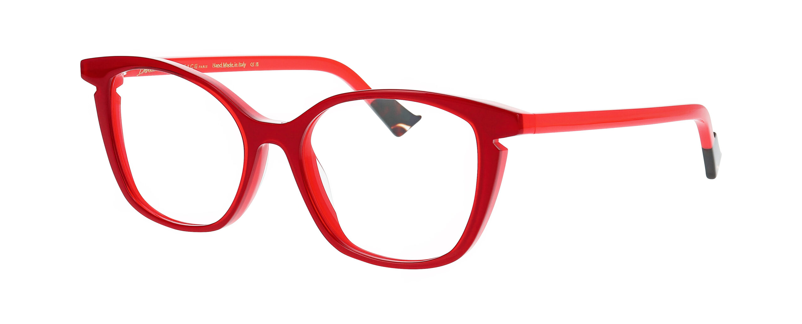 Monture optique FACE A FACE BOCCA FAME 3 rouge vif, branches fines rouges et détails écaille aux extrémités, vue trois quarts.