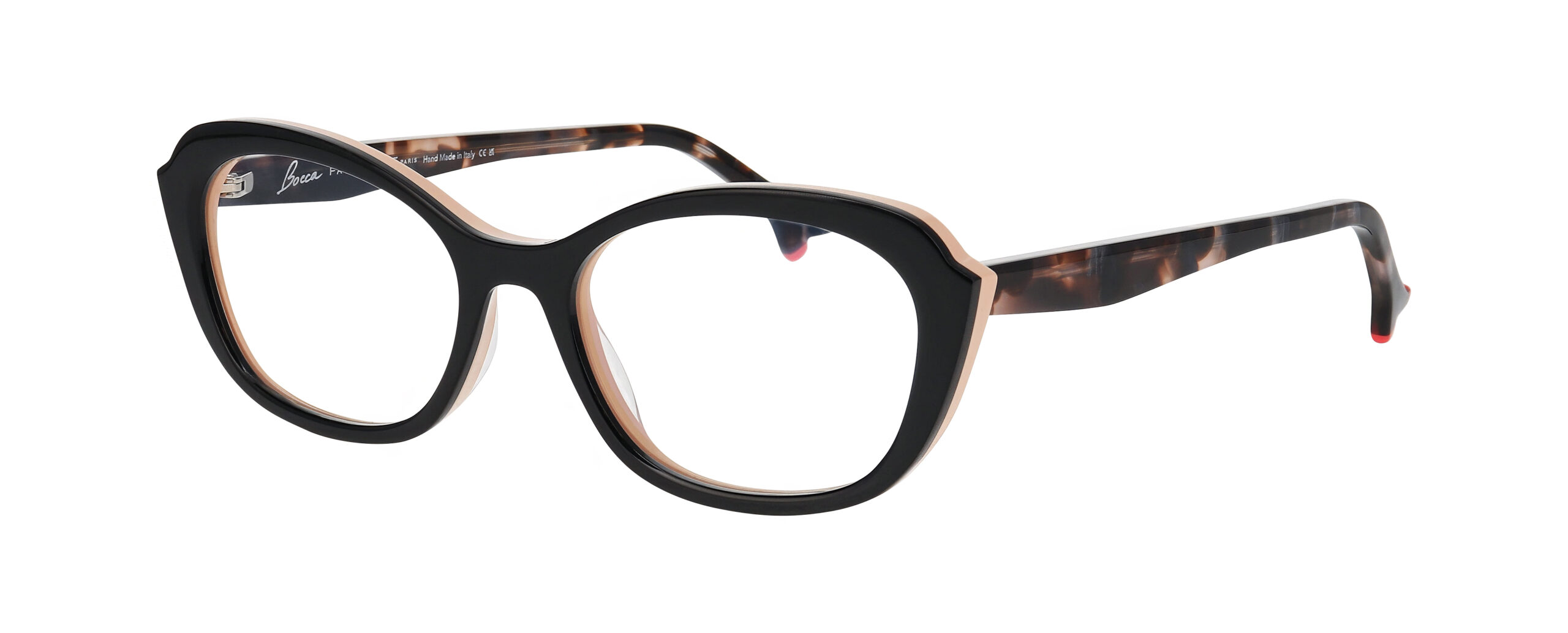 Monture optique FACE A FACE BOCCA PLUM 1 noire et beige rosé, forme papillon avec branches écaille brun foncé, vue trois quarts.
