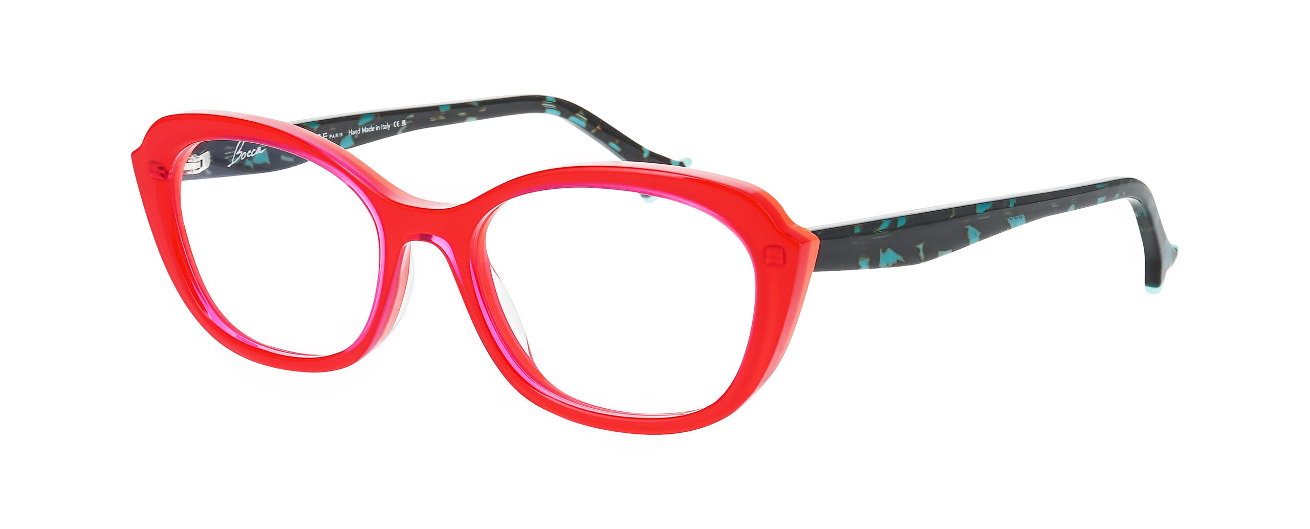 Monture optique FACE A FACE BOCCA PLUM 1 rouge corail translucide avec branches marbrées noir et turquoise, vue trois quarts.
