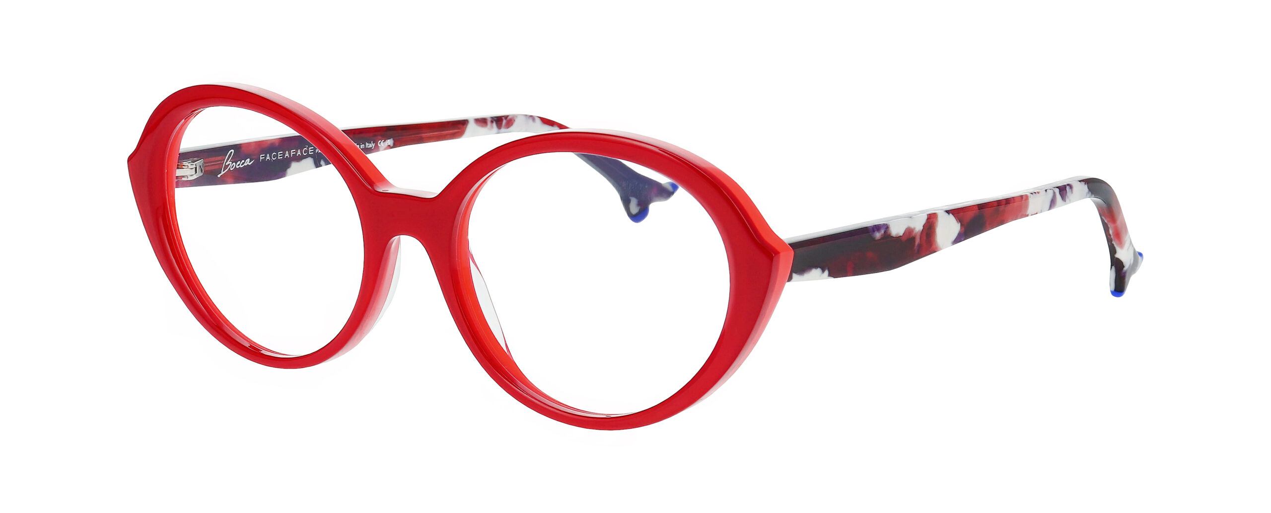 Monture optique FACE A FACE BOCCA PLUM 2 rouge, branches marbrées bordeaux, violet et blanc avec détails bleus, vue trois quarts.