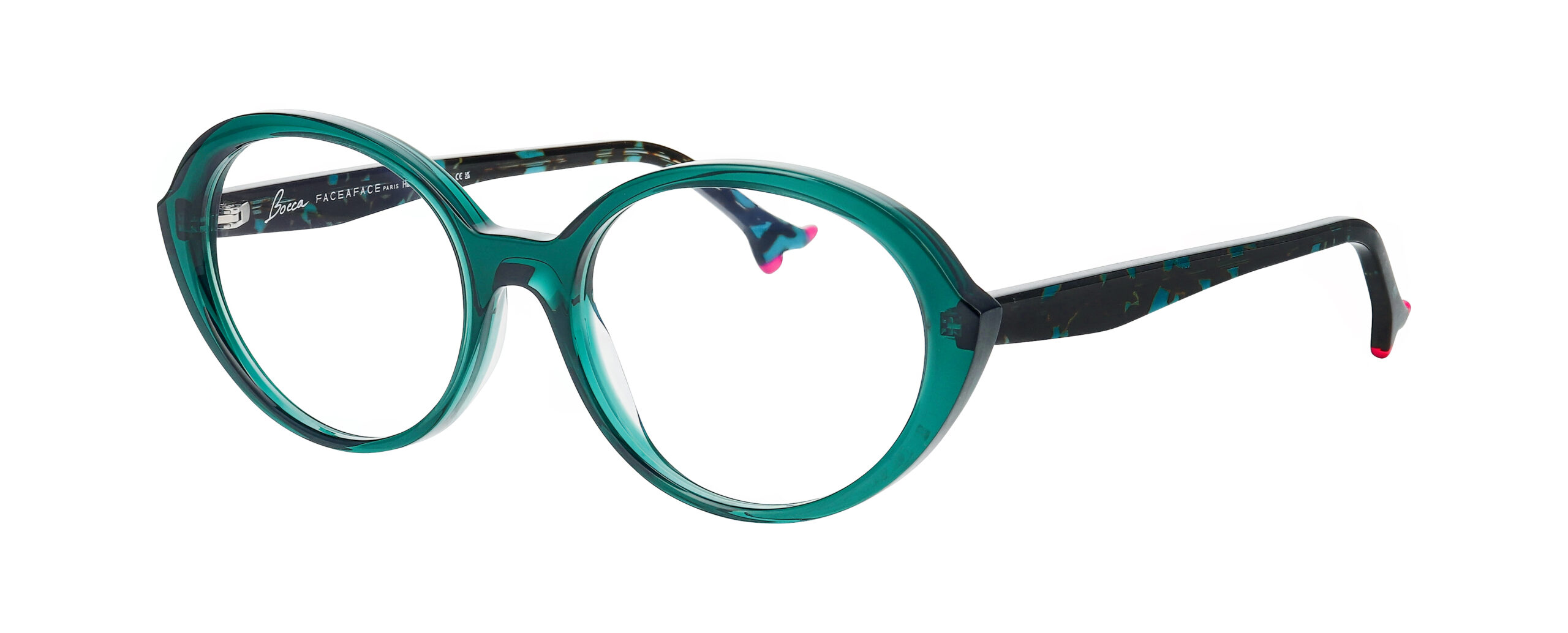 Monture optique FACE A FACE BOCCA PLUM 2 vert émeraude translucide avec branches marbrées noir et turquoise et embouts roses, vue trois quarts.
