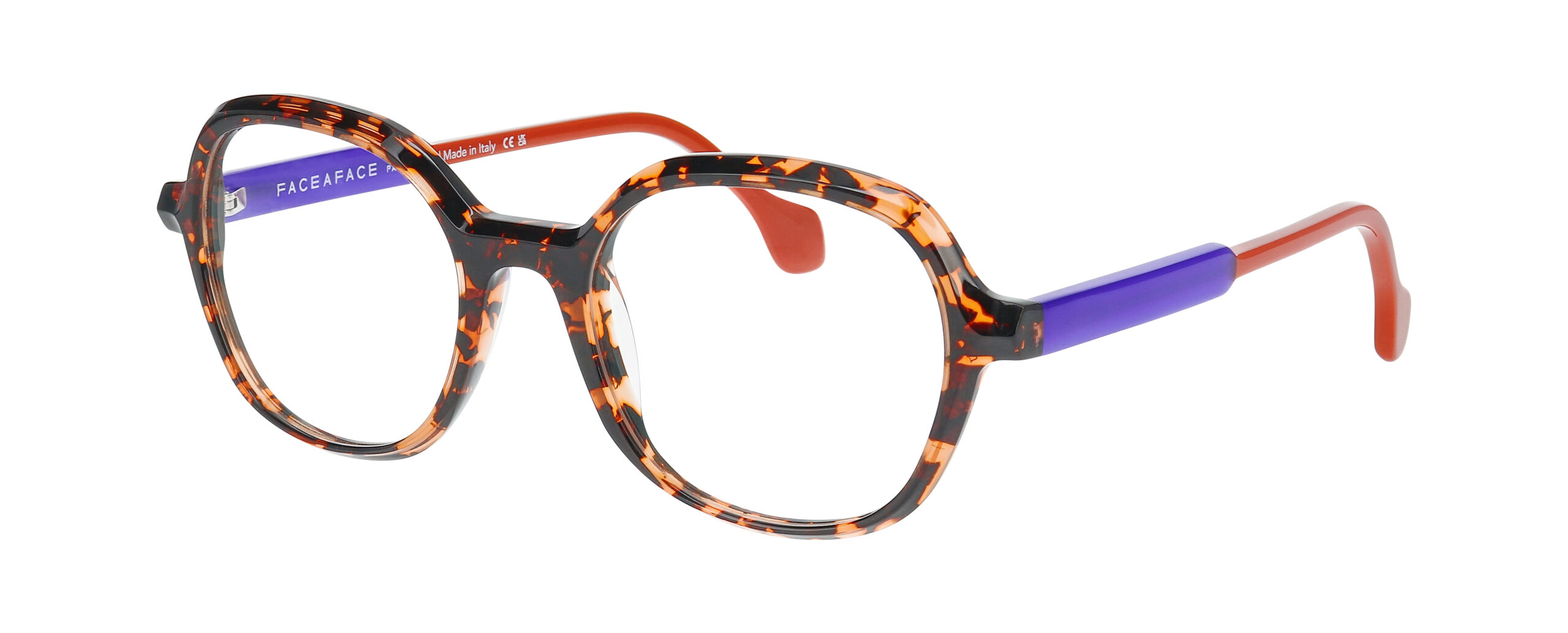Lunettes FACE A FACE FACET 1 écaille noire et orangée avec branches violettes et extrémités orange, vue trois quarts.