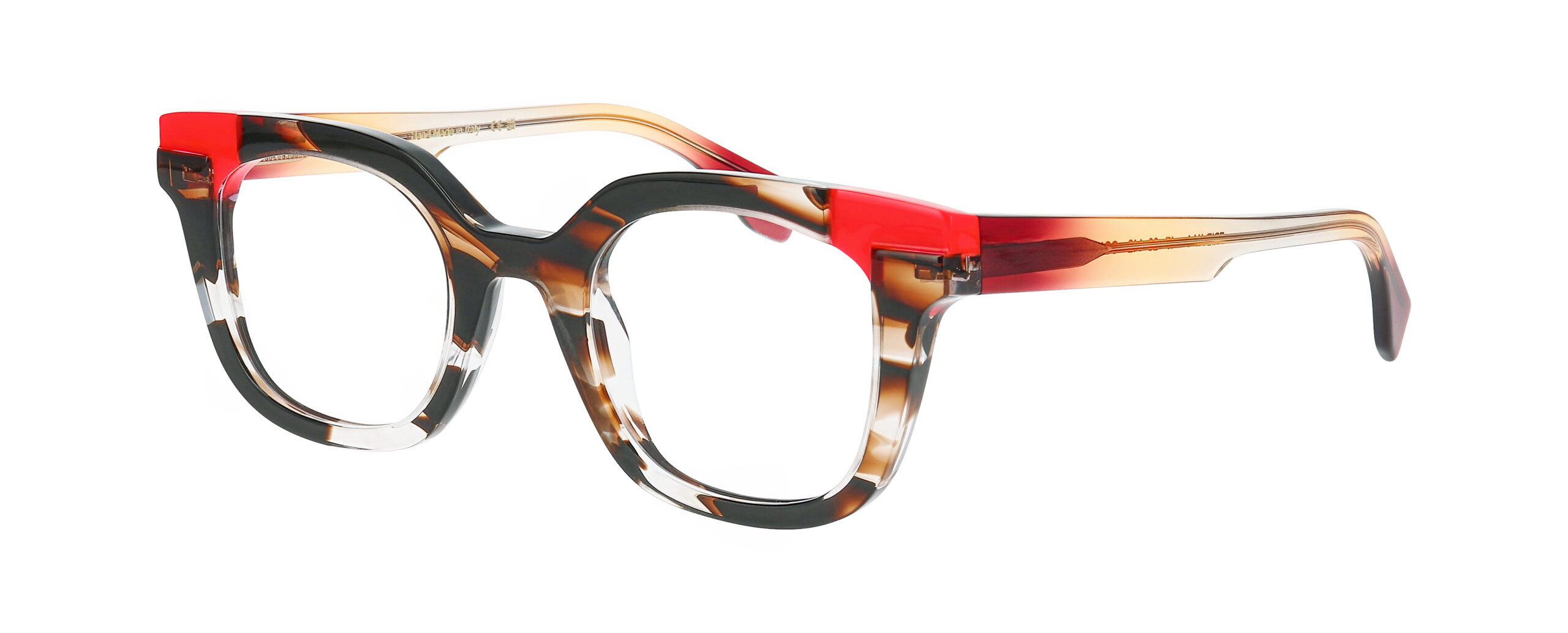 Lunettes de vue FACE A FACE FRIDAY 1 avec monture écaille noire et caramel, angles rouge corail et branches transparentes champagne.