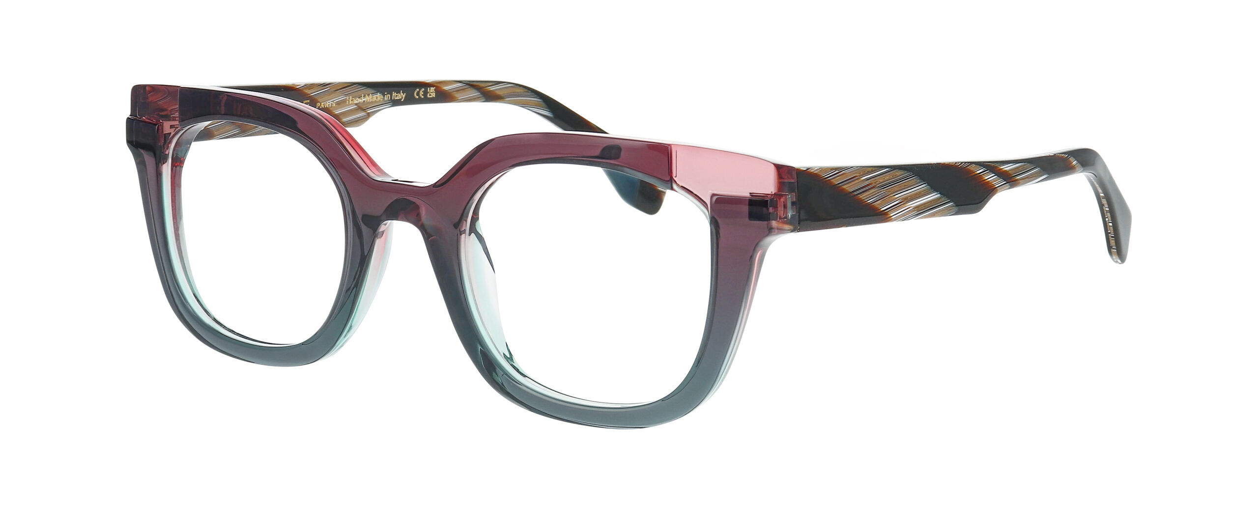 Lunettes FACE A FACE FRIDAY 1 avec face transparente dégradée prune et gris-vert, branches à motifs striés.