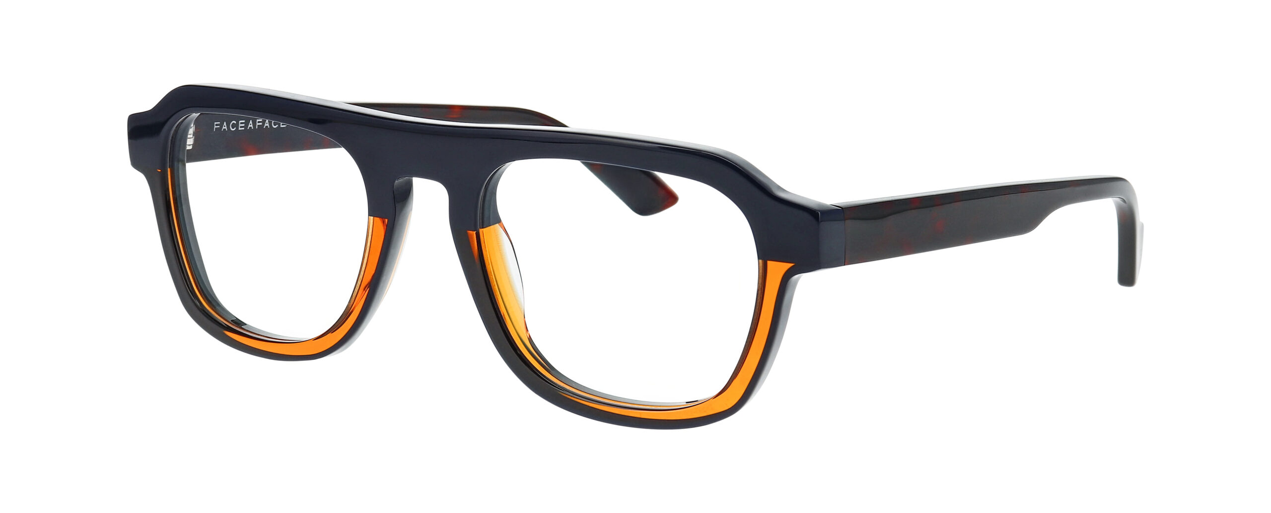 Lunettes de vue FACE A FACE JUDD 3 bleu nuit et orange transparent, monture rectangulaire épaisse avec branches écaille rouge foncé, chez The House of Eyewear Paris.