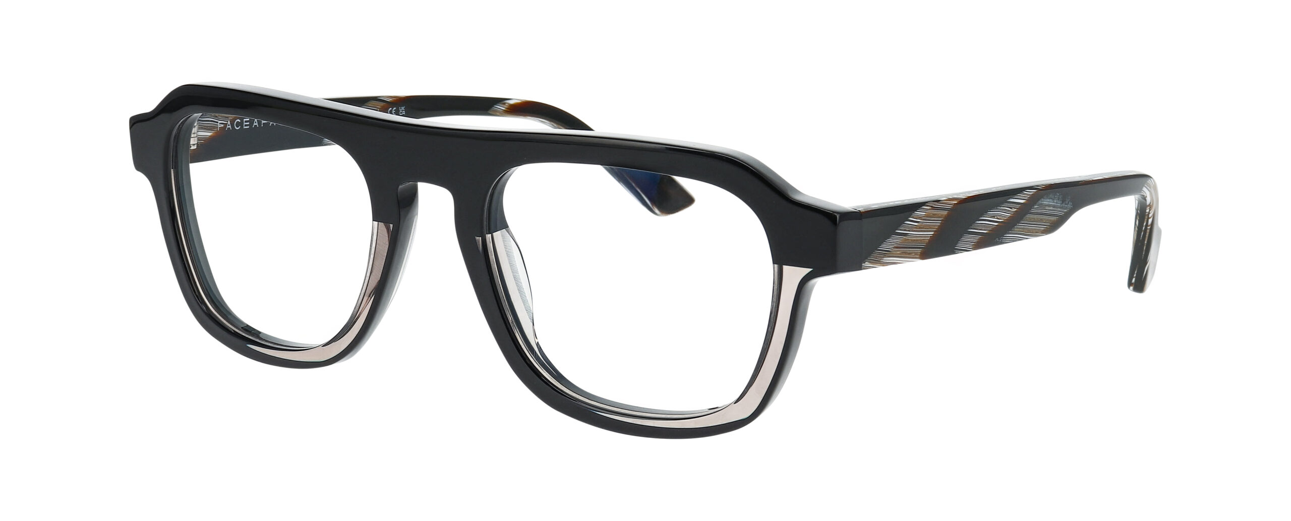 Lunettes de vue FACE A FACE JUDD 3 noires et gris fumé, forme rectangulaire épaisse avec branches noires à motifs striés, chez The House of Eyewear Paris.