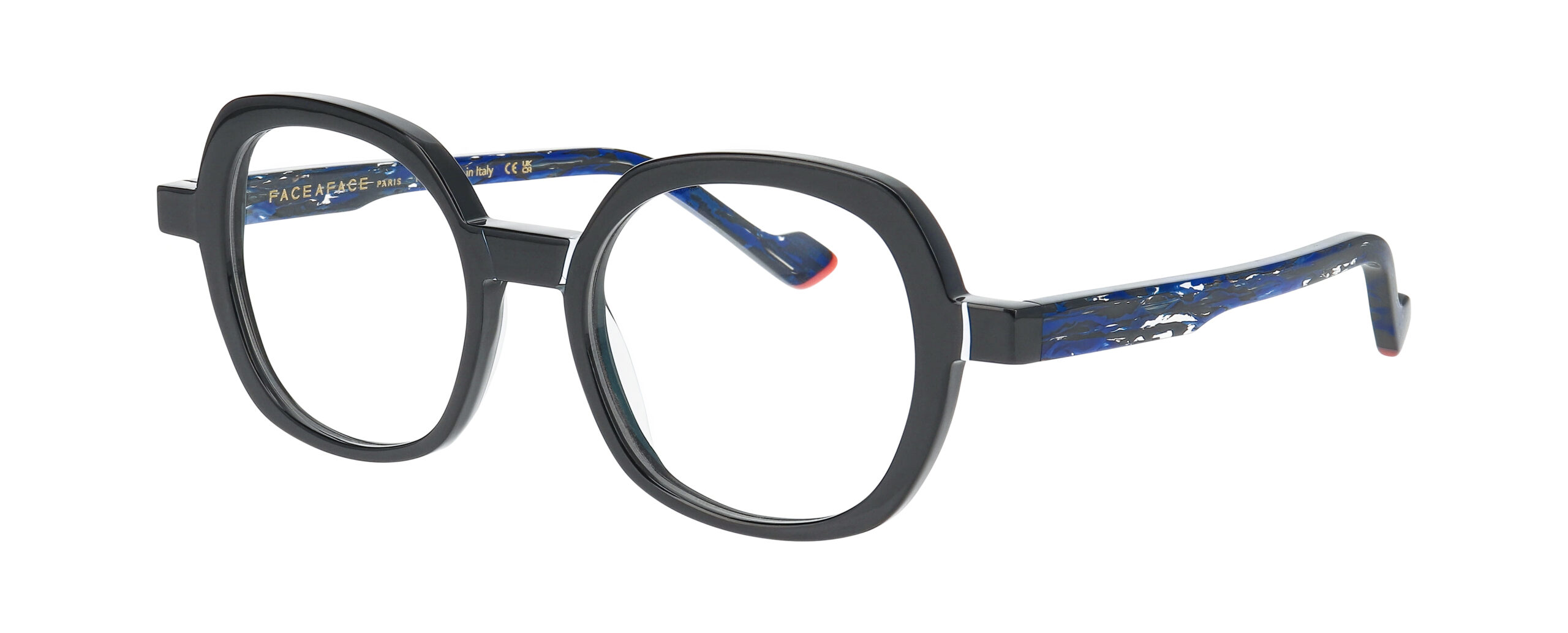 Lunettes de vue FACE A FACE PHOEBE 2 noires avec branches bleu écaille, forme ronde légèrement carrée et détails corail, The House of Eyewear Paris 1er.